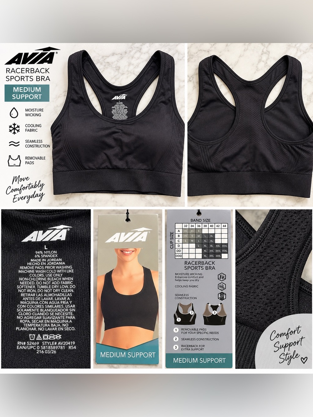 AVZA Racerback Sports Bra Women’s Size L Black Medium Support Moisture Wicking N